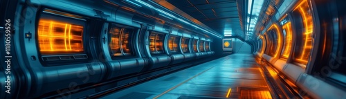 A futuristic corridor with glowing orange and blue lights, featuring sleek metallic walls and illuminated panels, creating a sci-fi atmosphere.
