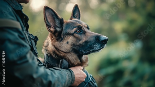 A vigilant German Shepherd, alert and focused, stands confidently beside a handler amidst a blurred green background, exuding strength and loyalty. photo