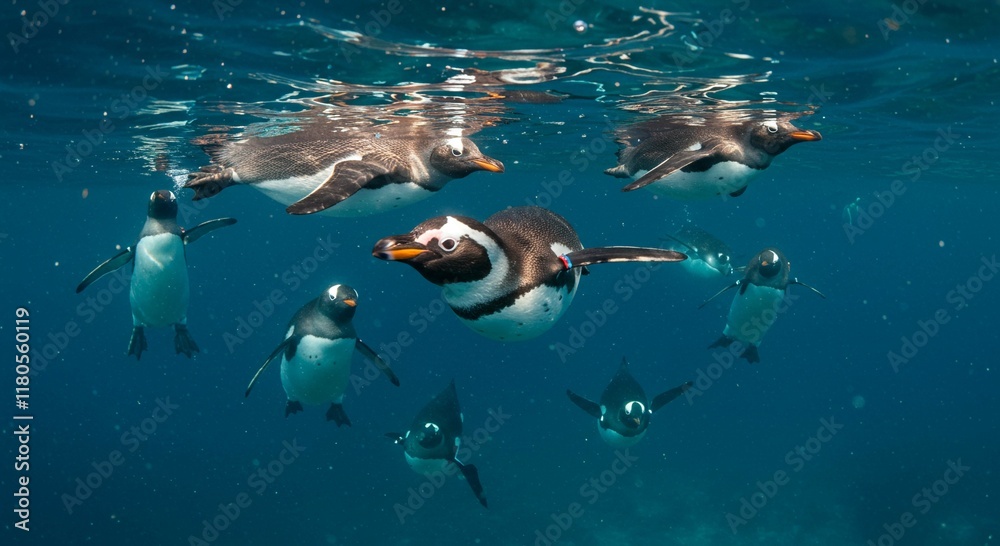 Fototapeta premium Underwater Penguin Colony Swimming Penguins Ocean Wildlife