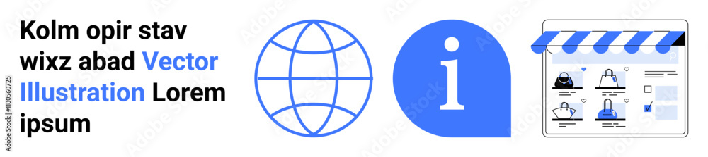 Text blocks next to globe, information icon, and browser showing online store layout with product images. Ideal for e-commerce, education, web design, technology, communication, information Text blocks next to globe, information icon, and browser showing online store layout with product images. Ideal for e-commerce, education, web design, technology, communication, information