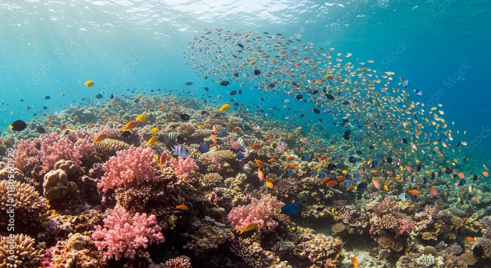 Fototapeta premium Vibrant Coral Reef Scene Underwater Paradise Tropical Fish Marine Life