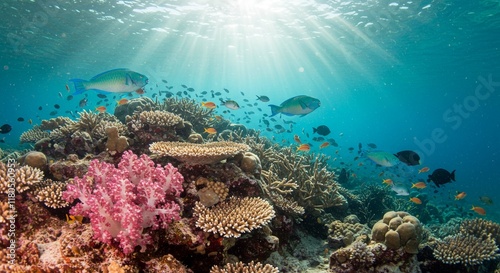 Wallpaper Mural Vibrant Coral Reef Scene Underwater Tropical Fish Sunbeams Ocean Life Torontodigital.ca