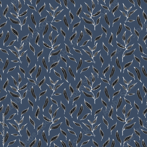 Blue floral watercolor seamless pattern for printing. Intertwining leaves and branches hand drawn. Nature botanical background design for fabric, textile, print, cover, banner and invitation.