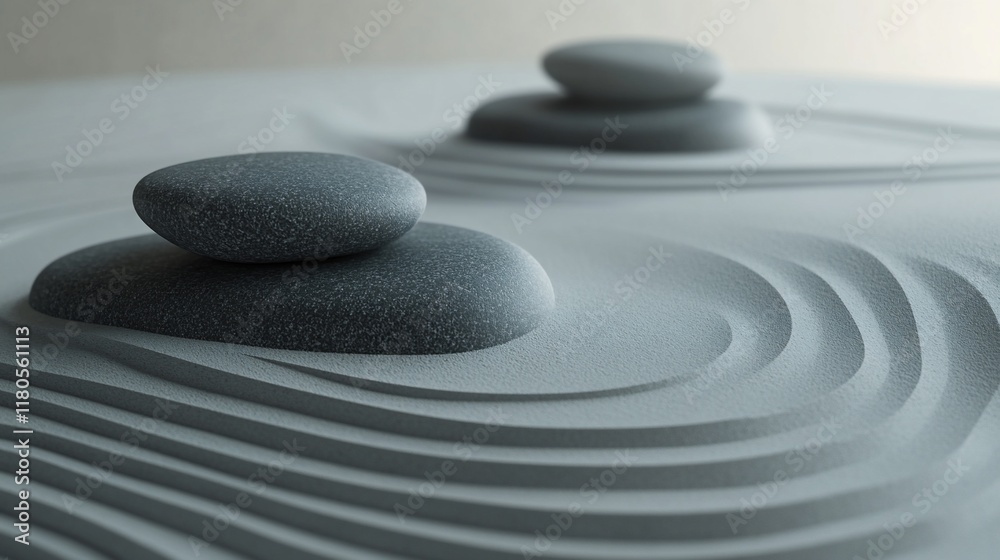 Fototapeta premium Serene zen garden with stacked stones and raked sand.