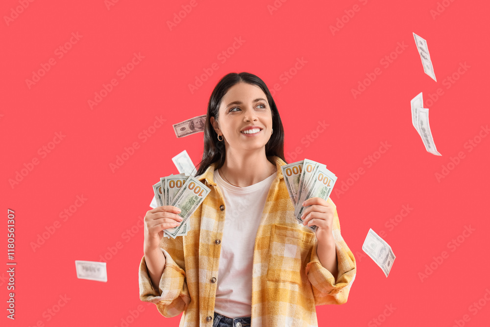 Beautiful woman with dollar banknotes on red background Beautiful woman with dollar banknotes on red background