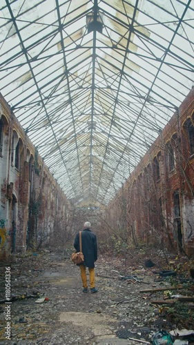 Man standing in an abandoned factory taking pictures with phone.