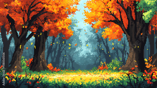 Vibrant pixel art forest level with colorful trees and nostalgic gaming environment. Leafveil. Illustration photo