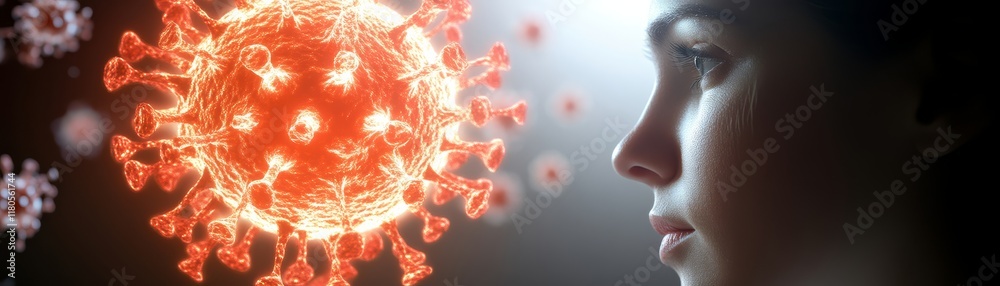 A visualization of a virus interacting with a thoughtful individual, symbolizing the impact of pandemics on human life and awareness. A visualization of a virus interacting with a thoughtful individual, symbolizing the impact of pandemics on human life and awareness.