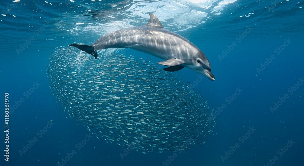 Fototapeta premium Dolphin Hunting School of Fish Underwater Ocean Wildlife