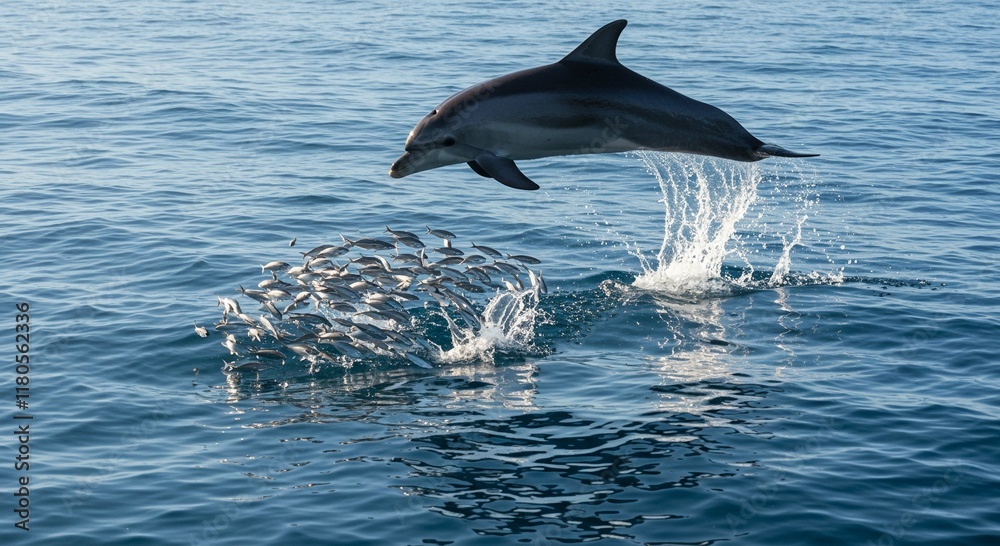 Fototapeta premium Dolphin Leaping Ocean Wildlife Marine Life Fish School Aquatic Mammals Blue Water Nature
