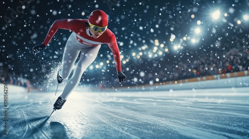 Speed skater racing on ice at night under snowfall. photo