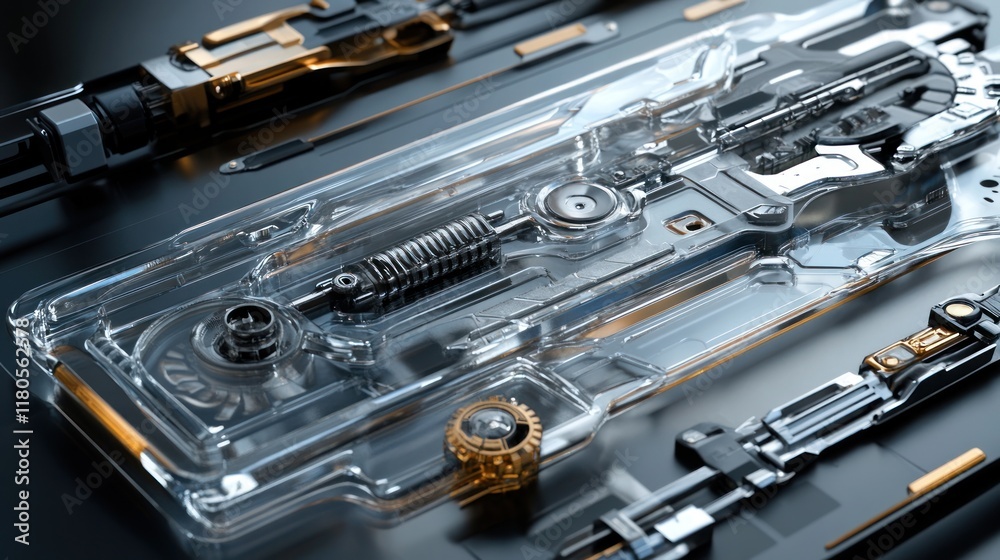 Transparent device showcasing intricate internal mechanisms. Transparent device showcasing intricate internal mechanisms.