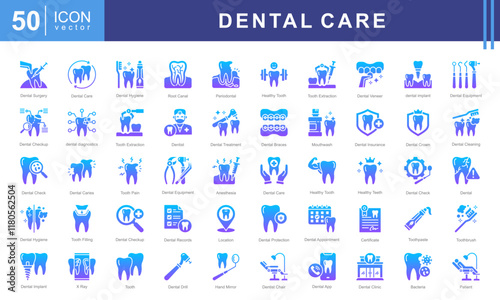 Dental Care icon set with health, teeth, maintenance, disorders, dentistry, surgery, oral, hygiene, treatment and caries.