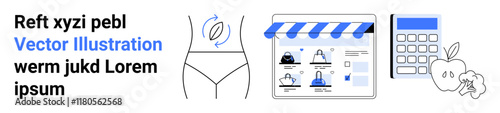 Text, female torso outline, mockup of online store, calculator, and apple outline. Ideal for health, fitness, e-commerce nutrition weight loss online shopping diet. Landing page