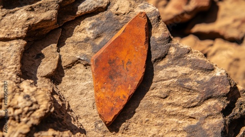 Stone tool from the Neolithic era, weathered by time, primitive chipping