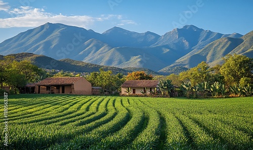 Rural Mexican farm with mountains