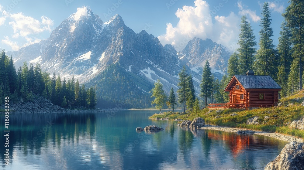 Naklejka premium Secluded cabin, tranquil lake, majestic mountains.