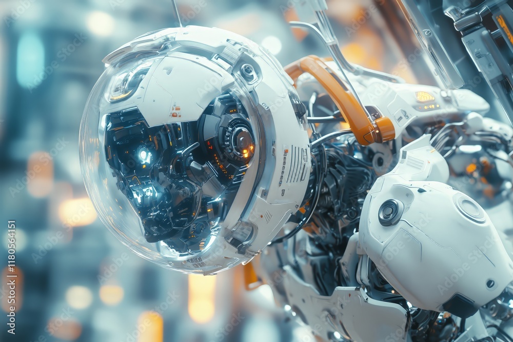 Fototapeta premium Futuristic robot in a high-tech environment, a close-up shot with a blurred background of digital and mechanical elements. - Generative AI