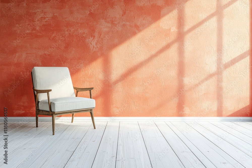Minimalist interior featuring a cozy armchair against a textured orange wall, sunlight casting gentle shadows on a bright wooden floor, creating a serene ambiance. Minimalist interior featuring a cozy armchair against a textured orange wall, sunlight casting gentle shadows on a bright wooden floor, creating a serene ambiance.