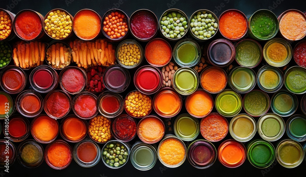 Vibrant Arrangement of Colorful Canned Vegetables and Fruits in Varied Shades Displayed from Above, Showcasing Freshness and Diversity in Food Options Vibrant Arrangement of Colorful Canned Vegetables and Fruits in Varied Shades Displayed from Above, Showcasing Freshness and Diversity in Food Options