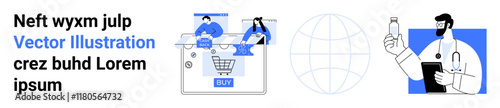 E-commerce team analyzing online shopping data, a globe icon, and a healthcare professional with a pill bottle. Ideal for business, healthcare, technology, e-commerce, global connectivity, research