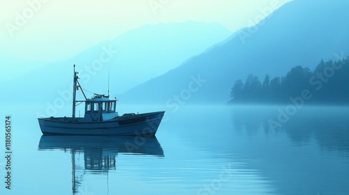 Serene misty morning, small fishing boat on calm water, mountains in background.