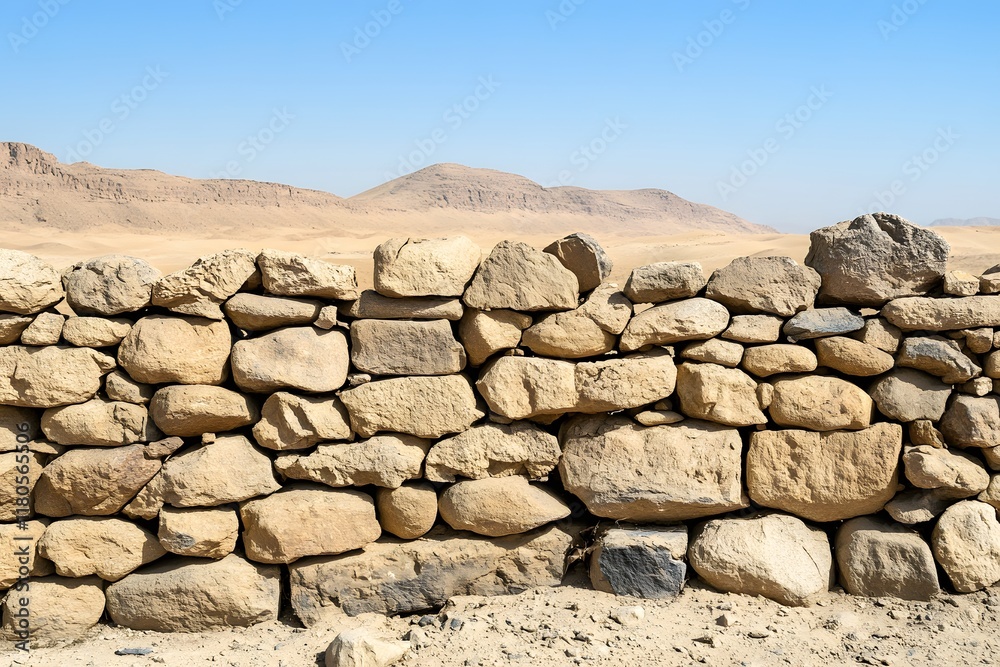 Ancient Stone Wall in Desert Landscape Under Blue Sky Ancient Stone Wall in Desert Landscape Under Blue Sky