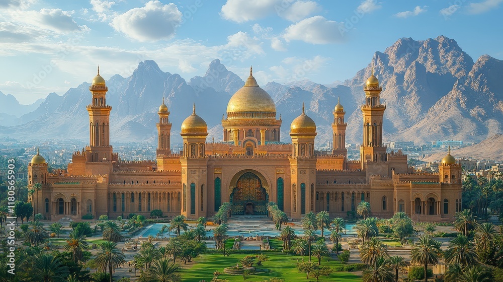 Obraz premium Grand mosque, golden domes, mountains backdrop.