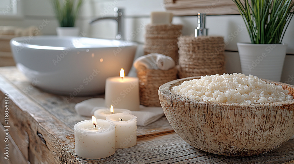 Spa bathroom with candles, bath salts, and sink. Spa bathroom with candles, bath salts, and sink.