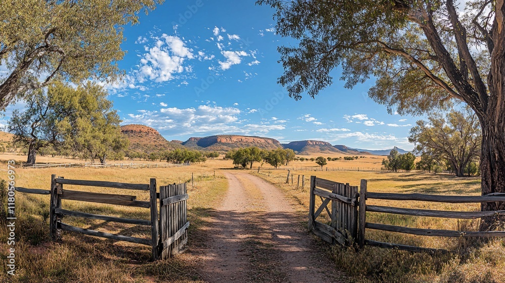 Ranch road leads to desert vista, sunny day Ranch road leads to desert vista, sunny day