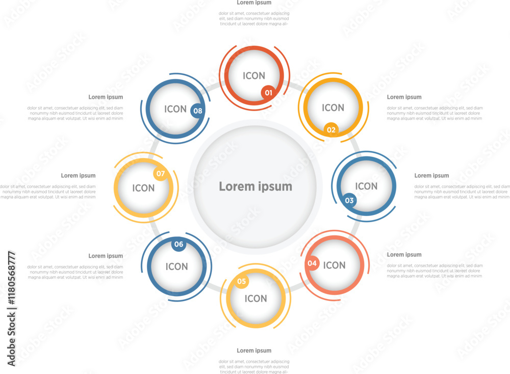 Business Modern Infographics template. 8 steps rounded timeline with options and marketing icons Vector rounded infographic with eight circle connected elements. Design can be use for presentation. Business Modern Infographics template. 8 steps rounded timeline with options and marketing icons Vector rounded infographic with eight circle connected elements. Design can be use for presentation.