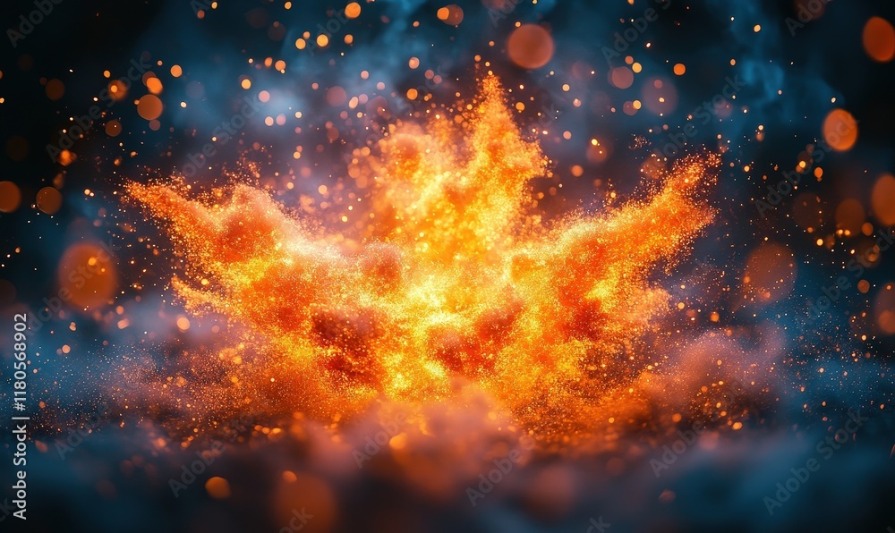 Naklejka premium Fiery orange explosion, sparks, dark background.