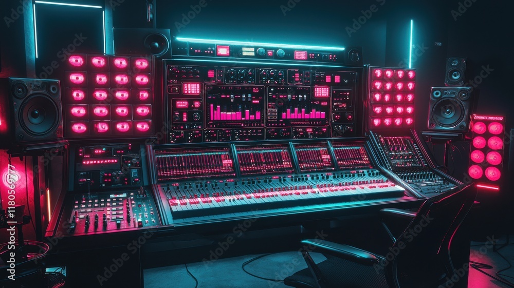 Vibrant music studio with neon lights and advanced equipment. Vibrant music studio with neon lights and advanced equipment.