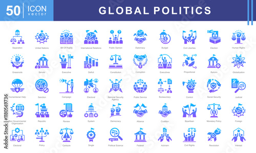 Global Politics icon set with primaries, caucus, general election, electoral college, voter turnout, swing state, political poll, public opinion, political debate, diplomacy icon.