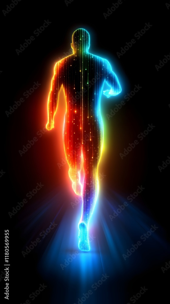 Glowing man running in the dark. Glowing man running in the dark.