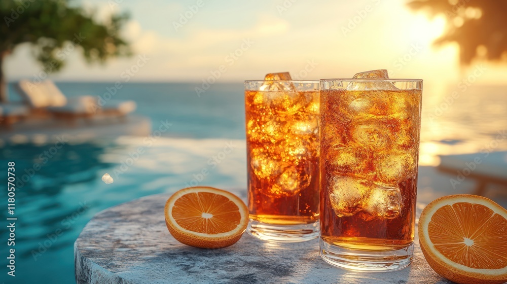 Refreshing drinks by the pool at sunset. Refreshing drinks by the pool at sunset.
