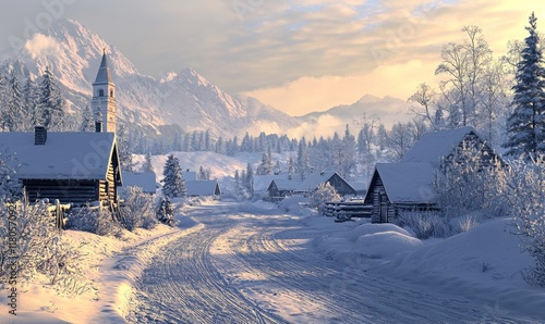 A picture of a quiet winter morning in a small mountain village. Focus on the fresh air, the snow-covered rooftops, and the soft crunch of footsteps on the frozen ground  photo