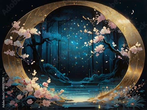 イラスト背景　キラキラ和風モチーフ桜と夜の幻想的背景