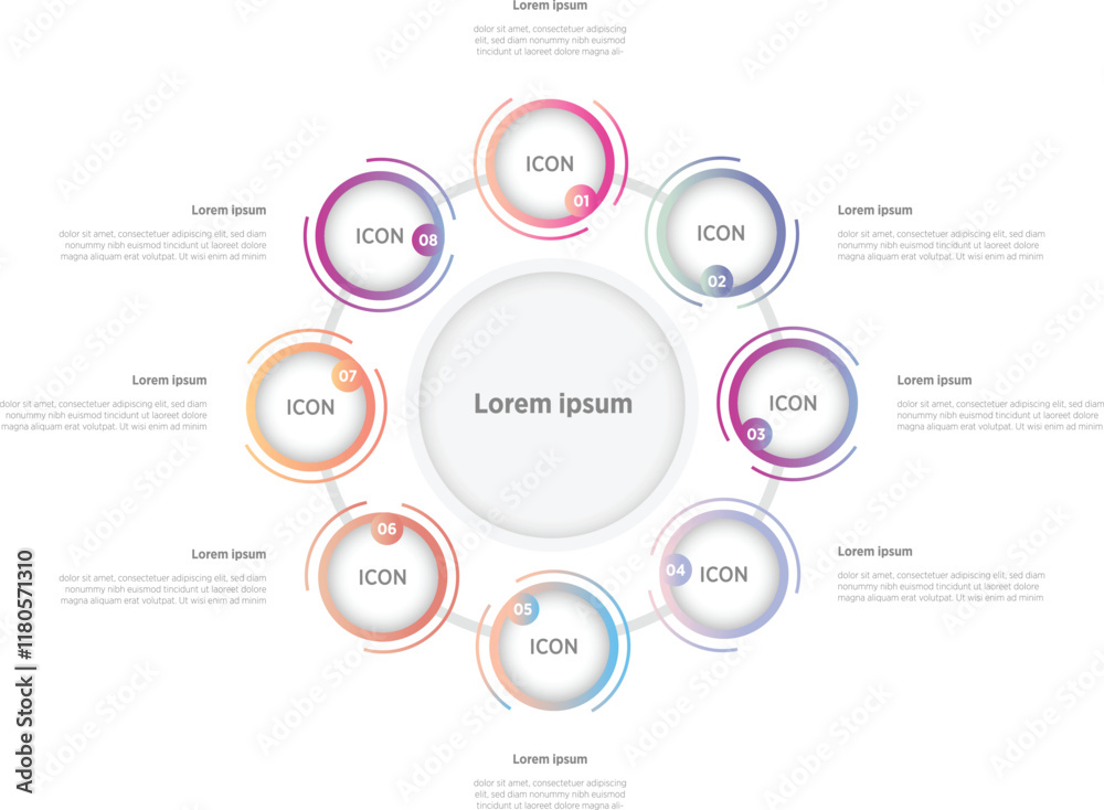 Business Colorful Infographics template. 8 steps rounded timeline with options and marketing icons .Vector rounded infographic with eight circle connected elements. Design can be use for presentation. Business Colorful Infographics template. 8 steps rounded timeline with options and marketing icons .Vector rounded infographic with eight circle connected elements. Design can be use for presentation.
