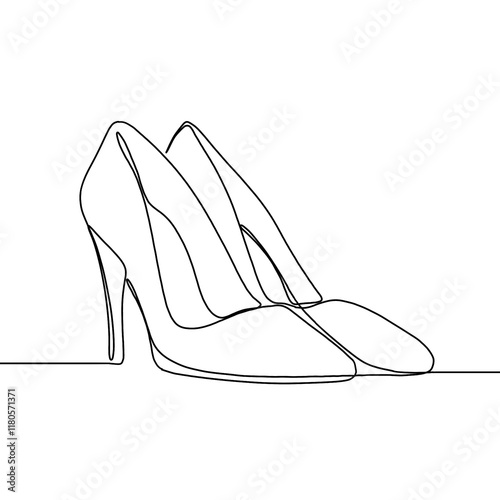 High Heel Trendy Line Art Drawing. Women's Shoe Minimalistic Lines Drawing. Female Elegant Shoe Continuous One Line Abstract Illustration.