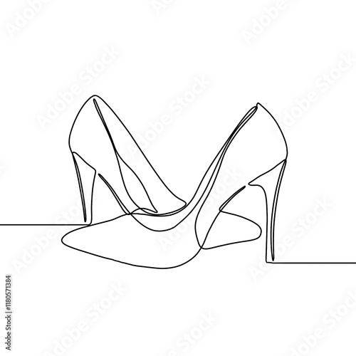 High Heel Trendy Line Art Drawing. Women's Shoe Minimalistic Lines Drawing. Female Elegant Shoe Continuous One Line Abstract Illustration.