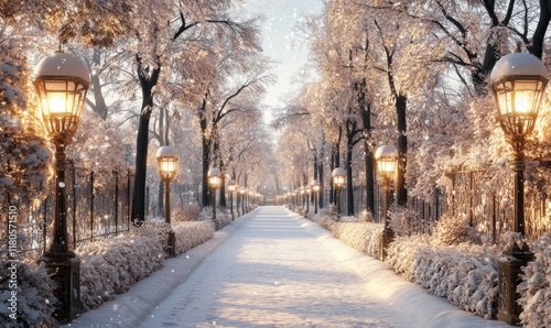 a scene in a beautiful snow-covered garden, where gently falling snowflakes glistened under the light of the lanterns  photo