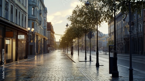 The cobblestone street glistens with rain under a soft, morning glow, flanked by historic buildings in serene solitude. photo