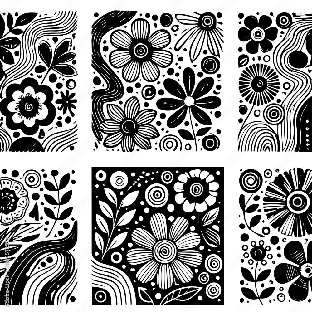 Obraz premium black and white groovy abstract flower posters. Floral doodle naive patterns. Contemporary matisse style. Trendy vector set.