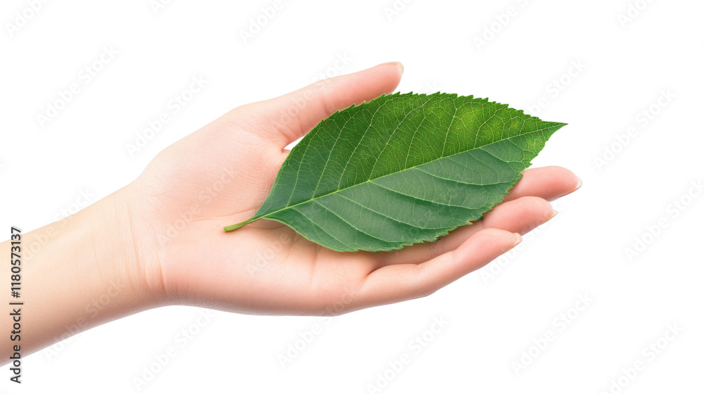 A hand having green leave isolated on white background A hand having green leave isolated on white background