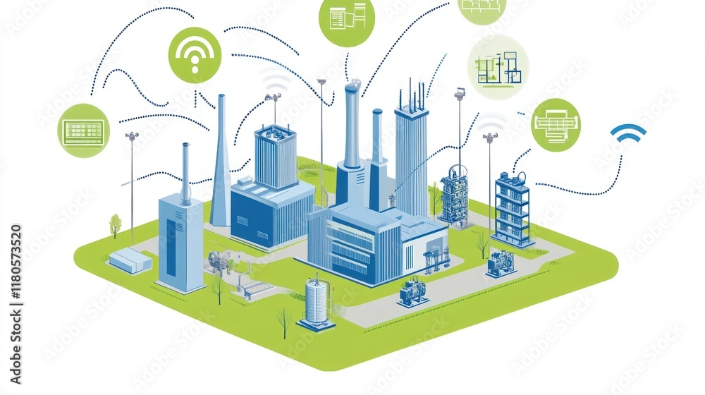 Obraz premium Smart factory with IoT devices and wireless communication.