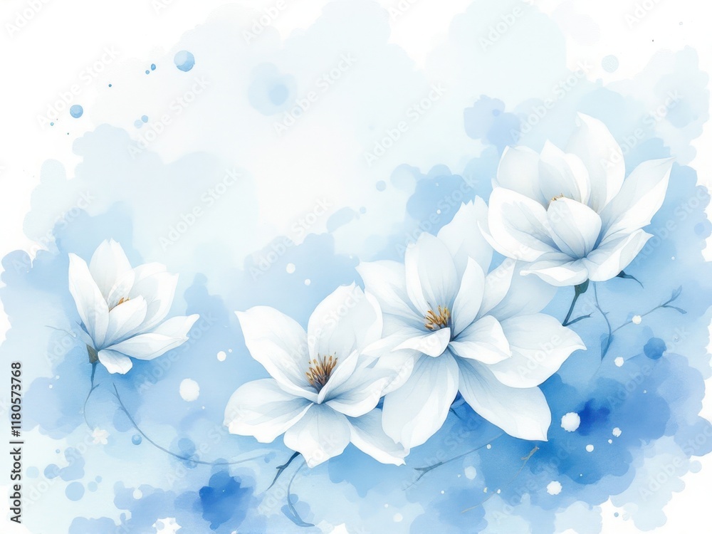 Serene white flowers on abstract blue watercolor background Serene white flowers on abstract blue watercolor background