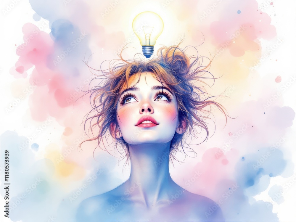 Young caucasian female with lightbulb inspiration in dreamy pastel setting Young caucasian female with lightbulb inspiration in dreamy pastel setting