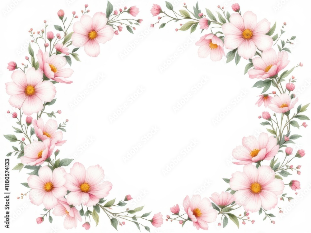 Elegant floral wreath with pink flowers and green leaves on white background Elegant floral wreath with pink flowers and green leaves on white background