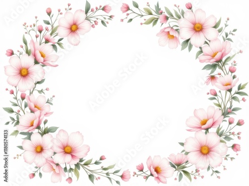 Elegant floral wreath with pink flowers and green leaves on white background